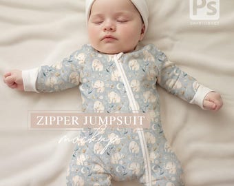 Baby Zipper JUMPSUIT MOCKUP - Long Sleeve Modern Baby Outfit SLEEPER Mockup - Zippy Sleeper psd Smart Object Mock