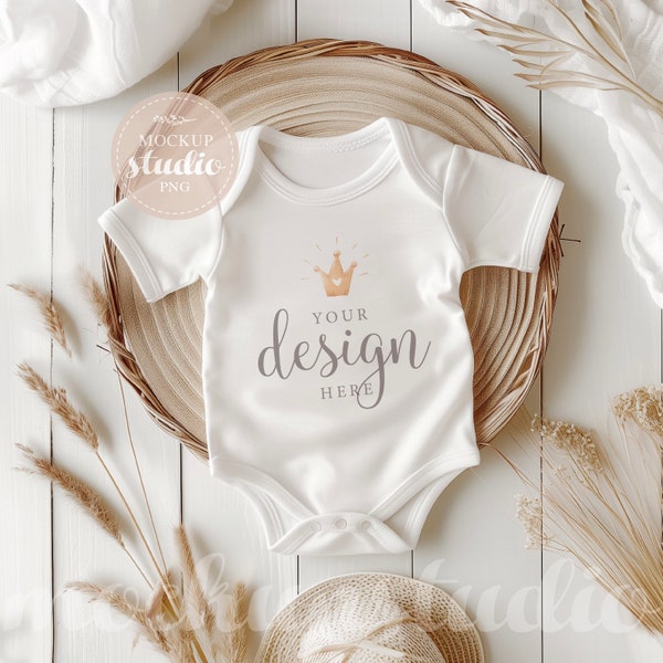 Neutral Gender Baby Bodysuit MOCKUP, Boho Digital White Bodysuit Display, Infant Clothing Template, Etsy Product Photography