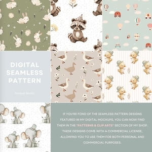 K&ouml;nnte beinhalten: Ein Set mit sechs digitalen nahtlosen Mustern mit niedlichen Tierillustrationen. Die Muster beinhalten Hasen, Waschb&auml;ren, Enten, K&uuml;ken und Elefanten. Die Muster sind perfekt, um einzigartige und niedliche Designs f&uuml;r Stoffe, Tapeten und andere kreative Projekte zu erstellen.