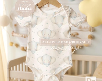 Allover Print Baby Bodysuit Mockup: Natural Colors, Rabbit Skins 4400 (PSD)
