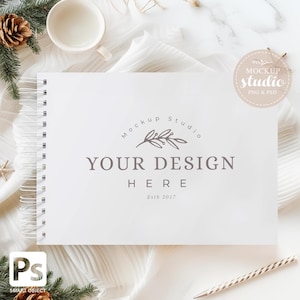 Christmas Notebook Mockup – White Wire Bound Journal PSD, Editable Digital Cover Template