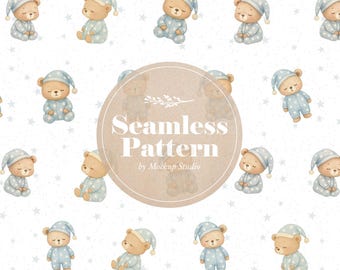 Modèle numérique sans couture avec ours en peluche endormis - Impression textile pour chambre d'enfant aquarelle minimale