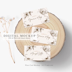 Mockup voor boho-plaatskaarten, mock-up voor plaatskaarten voor bruiloft, 2 x 3,5 rustieke kaarten, mock-up voor landelijke chique plaatskaarten, slim PSD-object