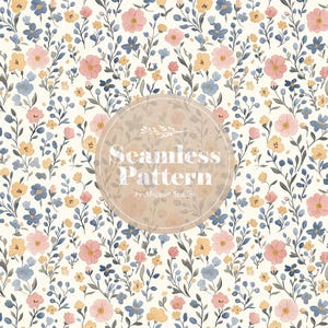 May include: A seamless floral pattern with a cream backdrop, adorned with pink, blue, and yellow flowers. The design includes the text "Seamless Pattern" within a circular frame, with the words "by Mockup Studio" below.