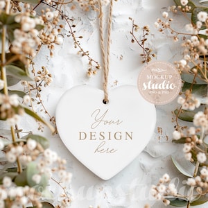 White Heart Ceramic Ornament Mockup, PSD smart object Digital Download, Styled Stock Photo, Clean Design Display, Rustic Home Decor Mockup