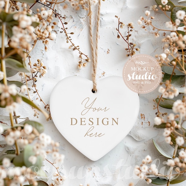 White Heart Ceramic Ornament Mockup, PSD smart object Digital Download, Styled Stock Photo, Clean Design Display, Rustic Home Decor Mockup