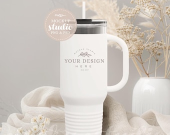 40oz Insulated Travel Mug Mockup: White Tumbler Design (PNG, PSD)