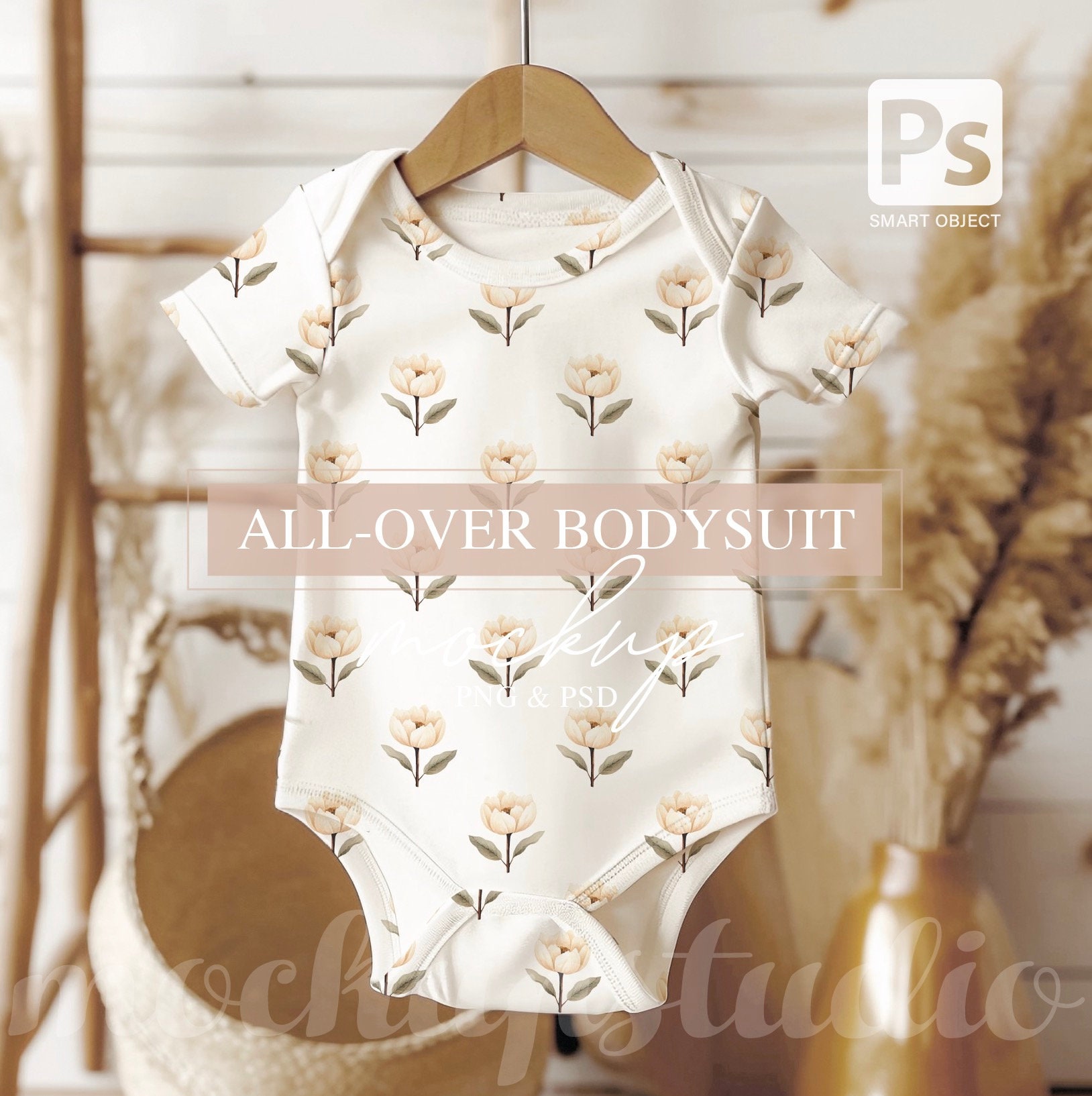 All-Over Baby Bodysuit Mockup, Boho Infant Bodysuit Natural Color MOCKUP, Rabbit Skins 4400 Style, Baby Bodysuit Mock-up PSD smart object