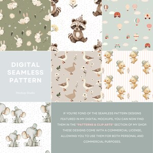 May include: A collection of digital seamless patterns featuring watercolor illustrations. Designs include bunnies, raccoons, ducks, geese, elephants, and vehicles. The patterns are on various backgrounds, including green, white, and light blue. Text on the image reads "DIGITAL SEAMLESS PATTERN".