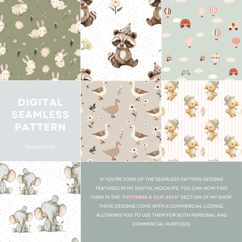 May include: A collection of digital seamless patterns featuring watercolor illustrations. Designs include bunnies, raccoons, ducks, geese, elephants, and vehicles. The patterns are on various backgrounds, including green, white, and light blue. Text on the image reads "DIGITAL SEAMLESS PATTERN".