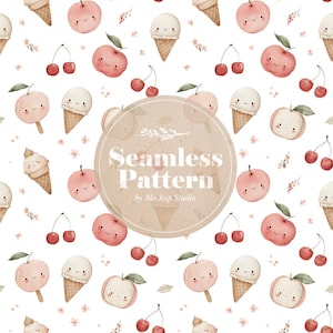 May include: A seamless pattern featuring watercolor illustrations of smiling apples, cherries, and ice cream cones on a white background. The design includes the text "Seamless Pattern" in a circular graphic.