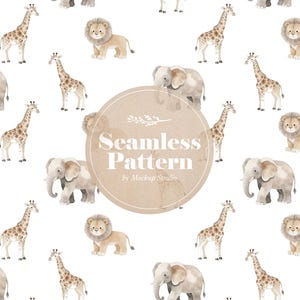 Könnte beinhalten: Nahtloses Muster mit Aquarellillustrationen von Giraffen, Löwen und Elefanten auf weißem Hintergrund. Das Design enthält den Text "Seamless Pattern" in einem kreisförmigen beigen Rahmen, darunter der Text "by Mockup Studio".