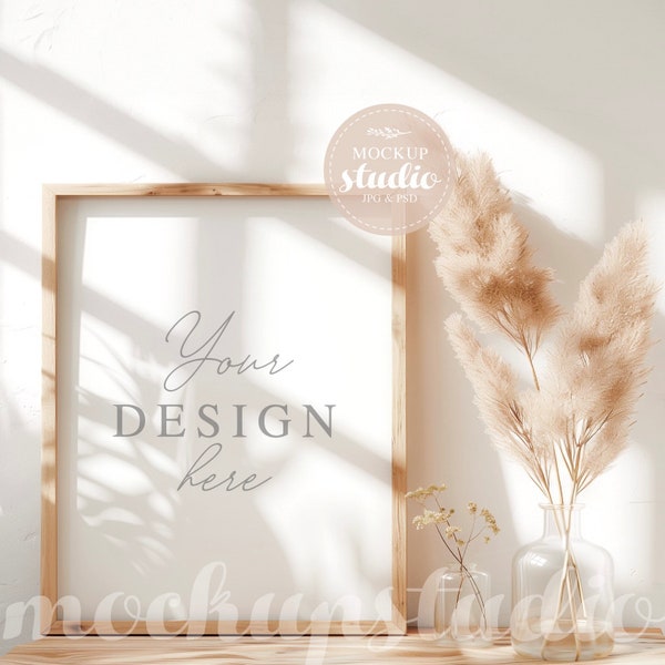 Boho Wood Frame MOCKUP, Digital Download, Photography Prop, Home Decor Minimalist Poster Display Shadow Effect, Wall Art Template