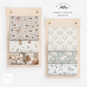 Könnte beinhalten: Zwei Holzrahmen mit Stoffmustern. Der linke Rahmen zeigt drei Muster mit einem Blumenmuster, einem Muster mit Rehen und Schmetterlingen und einem Muster mit Enten und Blumen. Der rechte Rahmen zeigt drei Muster mit einem Muster aus Elefanten und Blumen, einem Muster aus Elefanten auf blauem Hintergrund und einem Muster aus Elefanten und Blumen. Die Rahmen sind mit "Fabric Swatch Mockup" beschriftet.