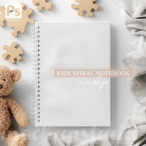 Maqueta de cuaderno en espiral para niños, descarga digital en formato PSD, diseño minimalista para niños, maqueta de portada de diario