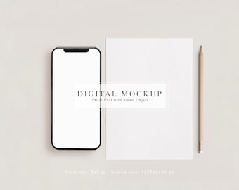Card and iPhone Mockup, 5x7 Card, Digital Download (PSD, JPG)