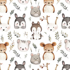 Patrón sin costuras para guardería de animales del bosque, adorables amigos del bosque imprimibles, decoración para habitación de bebé, arte digital con caras de animales, papel digital con animales