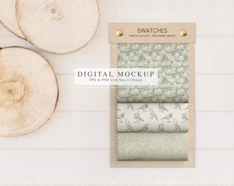 May include: A digital mockup of fabric swatches with three different floral patterns. The swatches are displayed on a brown card with the text "SWATCHES" and "DIGITAL MOCKUP - PSD SMART OBJECT" at the top. The text "DIGITAL MOCKUP" and "JPG & PSD with Smart Object" are also displayed on the card.