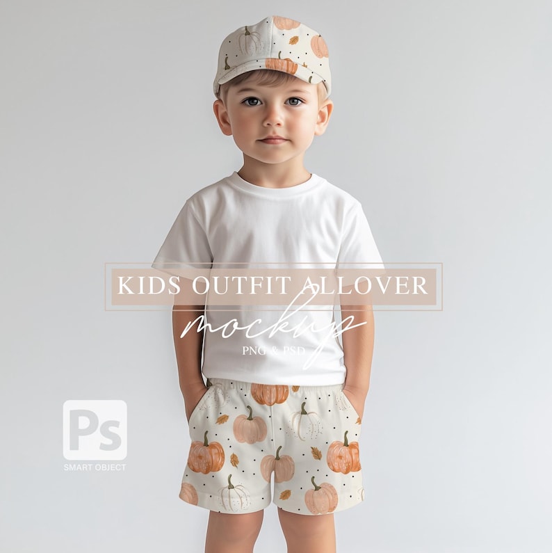 May include: A child wearing a white t-shirt and pumpkin-patterned shorts with a white and orange pumpkin-patterned baseball cap. "KIDS OUTFIT ALLOVER MOCKUP" is written in the image.
