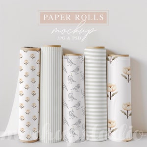 Maqueta digital de rollos de papel (objeto inteligente PSD), diseño de patrón continuo, plantilla de diseñador, descarga instantánea, maqueta realista de rollos de tela.