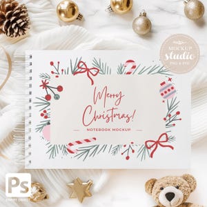 Child-Themed Christmas Notebook Mockup – White Wire Binding, Editable PSD Journal Cover for Kids