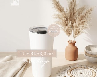 Customizable Tumbler 20oz Mockup, White Insulated Travel Mug (Digital PSD and flat PNG)