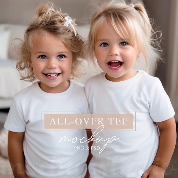 Sibling White Tee Mockup, Kids Plain T-Shirt Digital, Twinning Shirt Display, All-Over Print T-Shirt, Unisex Children's Top Mockup