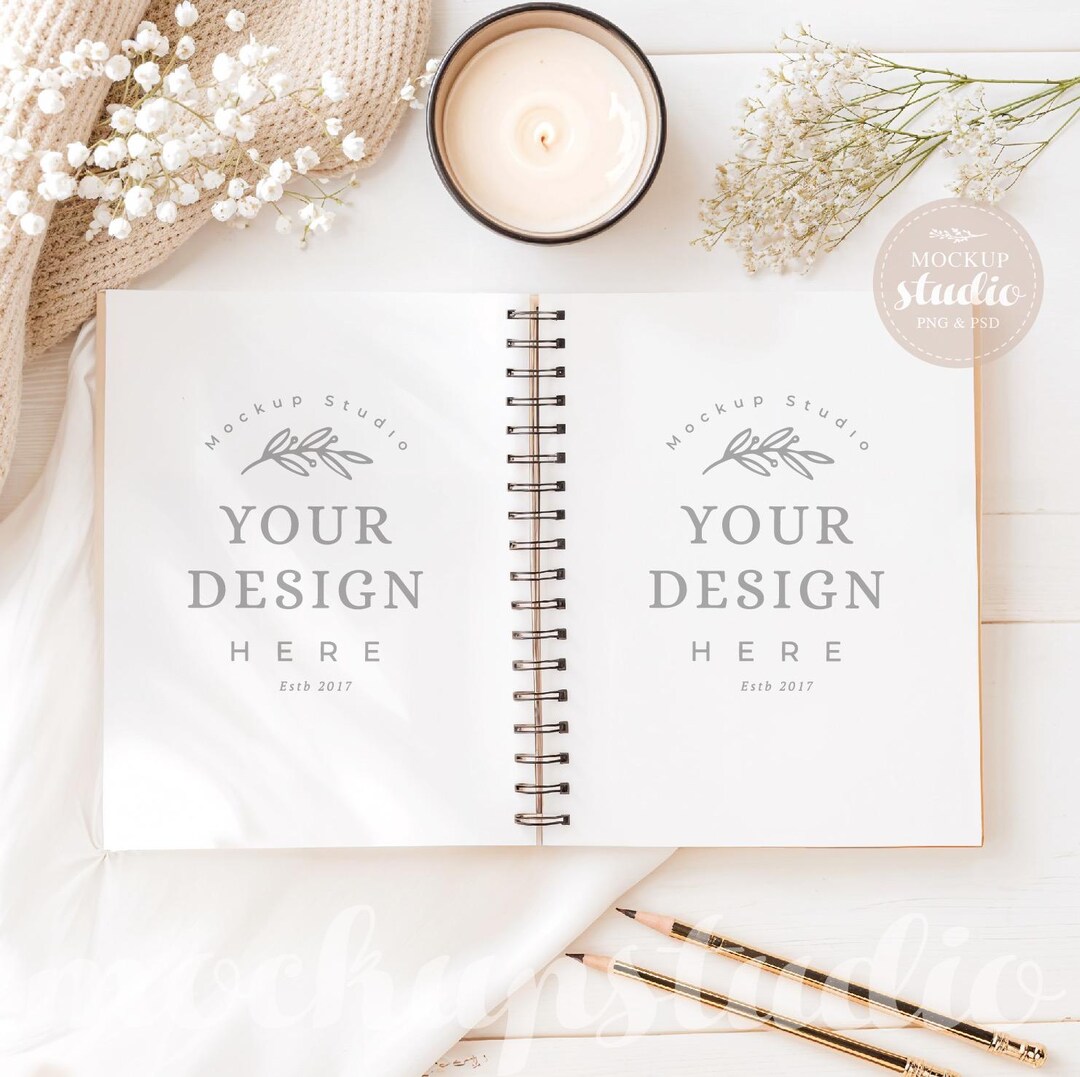 Cozy Notebook Mockup: 8.5x11 Black Spiral, Styled Stock Photo (PNG, PSD ...