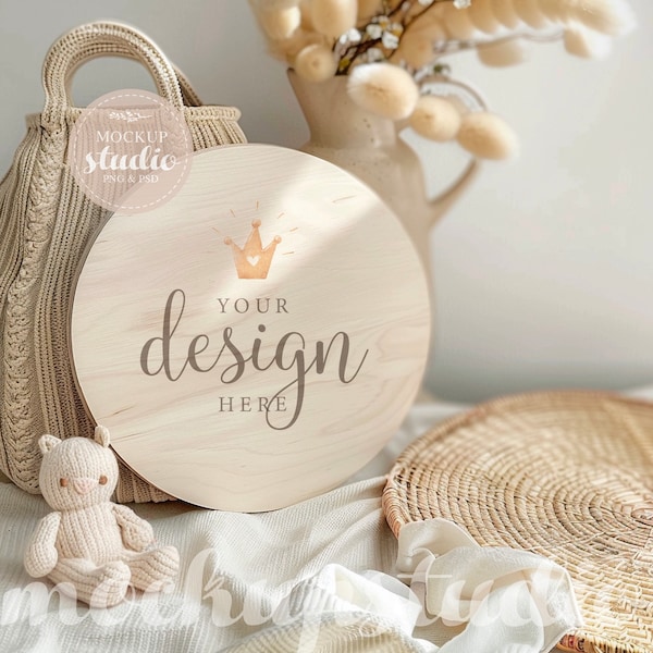 Baby Milestone Wooden Sign Mockup, Round Wood Plaque Template, Nursery Decor PSD, Digital Download, Newborn Photography Prop Design