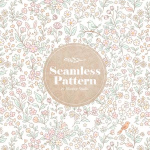 Puede incluir: Un patrón sin costuras con un diseño floral. Presenta pequeñas flores rosas, amarillas y melocotón, hojas verdes, pequeños pájaros y un conejito. El texto "Seamless Pattern" está en un marco marrón circular.
