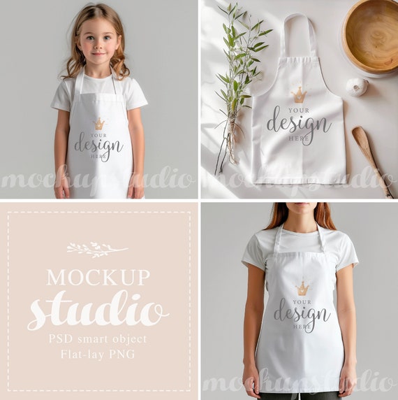 Apron Mockup Bundle: Adult & Kid Sizes, Flat-Lay PNG PSD Template