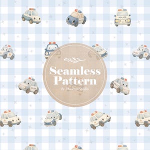May include: A seamless pattern featuring cartoon police cars in various colors, including white and blue, with red and blue lights. The cars are set against a light blue checkered background with white stars. The text "Seamless Pattern by Mockup Studio" is also present.