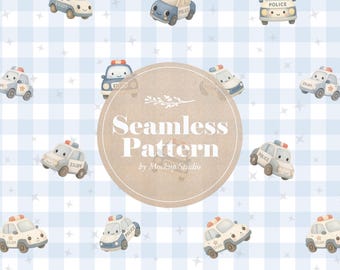 Voitures de police sans couture à carreaux bleus et blancs : Impression textile pour enfants