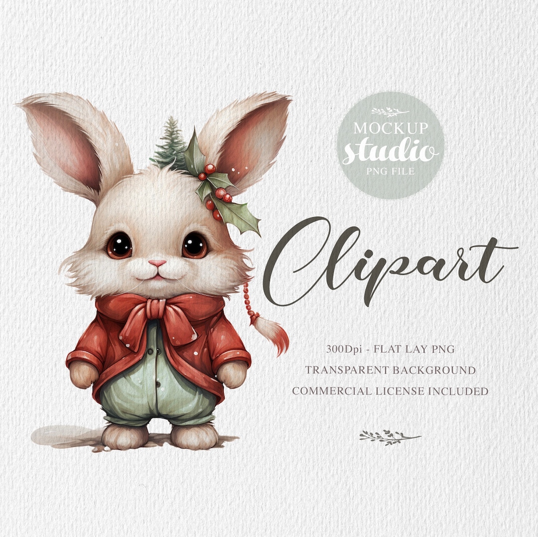 Christmas Bunny Clipart, Animals Clipart, Hand Drawn Watercolor Winter