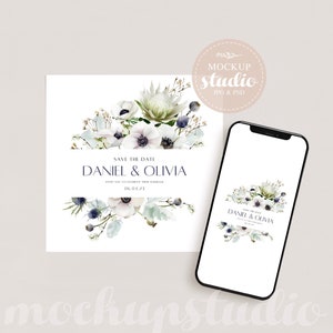 Mockup di biglietti da visita quadrati e iPhone, oggetto intelligente PSD per fotografie stock in stile, visualizzazione di biglietti e dispositivi, design pulito