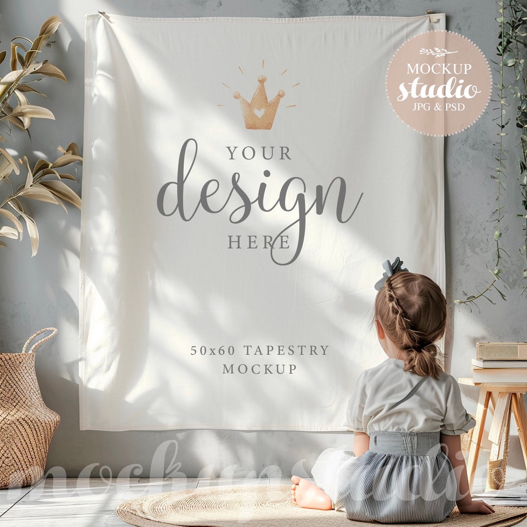 Wall Tapestry Kids Mockup, Playroom Tapestry Mockup, Vertical Tapestry