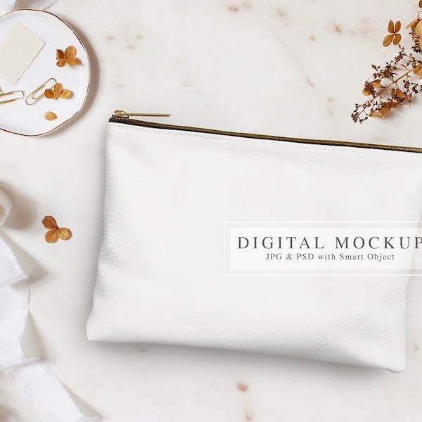 Accessory Pouch Mockup, Elegant Make-up Pouch Bag Mockup, Pencil Case Boho Mockup, Canvas Zipper Bag Mockup, PSD Smart Object Mockup