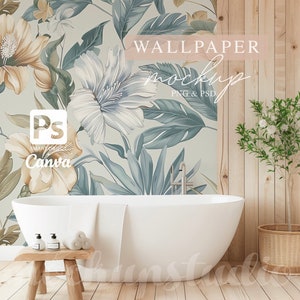 Modernes Badezimmer Tapeten MOCKUP, Digitales PSD und PNG, weißes leeres Wanddisplay für Tapeten oder Musterdesigner