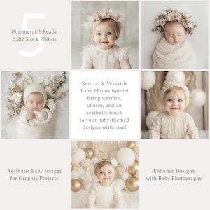 Lot de 5 photographies de bébés filles et bébés avec licence commerciale, idéales pour embellir les projets de décoration de baby shower et de premier anniversaire