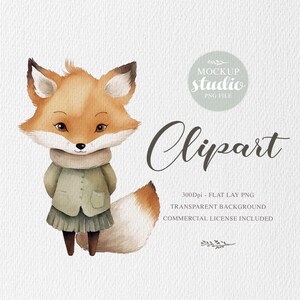 Illustration de renard mignon peint à la main, clipart renard des bois, clipart aquarelle fille renard, usage commercial gratuit, illustration animaux des bois