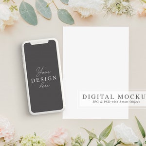 Karten und iPhone Mockup, Frühlingseinladung Mockup, Karte und Geräte Mockup, Digitale Einladung Mockup, iPhone Bildschirm Mockup
