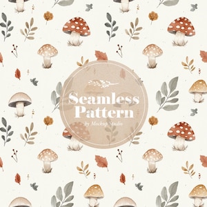 Könnte beinhalten: Nahtloses Aquarellmuster mit Pilzen, Blättern und Beeren in Braun-, Rot- und Grautönen. Der Text "Seamless Pattern by Mockup Studio" wird in einem kreisförmigen Design angezeigt.