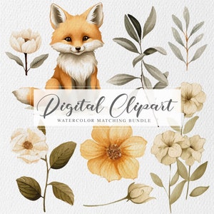 Pacchetto di clipart botaniche, clipart di volpe carina ad acquerello, clipart scandinave minimaliste, uso commerciale gratuito, pacchetto di clipart dipinte a mano