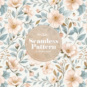 Padrão Floral Vintage Sem Costura, Flores Liberty Azul-Poeira e Blush, Download Digital PNG de Design Repetitivo, Inclui Licença Comercial