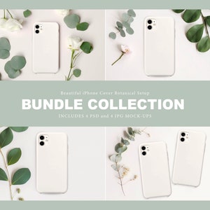 Quattro iPhone Cover Mockup Bundle, Beautiful iPhone Case Bundle, Femminile Botanical Setup Mock-up, iPhone Case Mockup PSD Smart Object