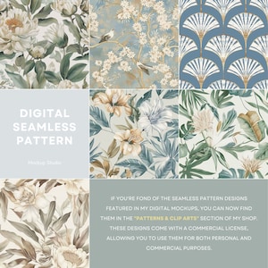 May include: A digital seamless pattern collection featuring four different designs. The designs include a floral pattern with white and green flowers, a floral pattern with white and yellow flowers, a floral pattern with blue and green leaves, and a geometric pattern with blue and gold arches.