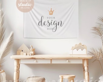 Digital Tapestry PSD Mock Up, Kids Room Wall Hanging, Nursery Decor 26x36 Tapestry, Playful Design, Soft Hues, Modern Digital Mockup