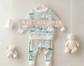 Infant Clothing PSD Mockup, Allover Print Baby Outfit Template, Neutral Gender Babywear Mockup Display
