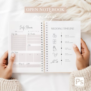 May include: Open notebook mockup with a daily planner on the left page and a wedding timeline on the right page. The daily planner has sections for daily tasks, top 3 priorities, notes, meal tracker, and water intake. The wedding timeline has icons for the ceremony, lunch, first dance, evening party, and carriages. The notebook has a white cover and a spiral binding.