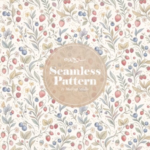 Puede incluir: Diseño de patrón sin costuras con fresas, arándanos y otras bayas con elementos florales. El diseño incluye el texto "Seamless Pattern" en un emblema circular. La paleta de colores incluye rojo, azul, verde y beige.